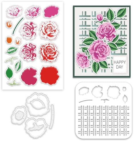 INFUNLY Set Mit Transparenten Stempeln Und Stanzformen Mit Mehrschichtigen Rosenblüten Und Wiederverwendbarer Vorlage Für Wandmalerei Mit Mehrschichtigen Rosen. Rote Rosen Transparente Silikonstempel