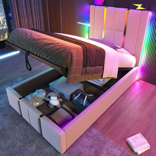 MYBOO Letto Imbottito Singolo 90x200, Letto con Contenitore&Porta USB Type-C&LED&Rete a Doghe, Letto Contenitore Idraulico multifunzione Struttura del Letto, Biancheria, Senza Materasso