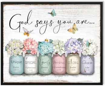 Wandkunst: God Says You Are: Inspirierende Zitate, christliche Wandkunst, Bibelversen, Wanddekoration, religiöse Geschenke für Frauen und Mädchen, Hortensien-Blume im Einmachglas, Bild, Poster