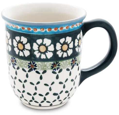 Bunzlauer keramik Kaffeebecher Teetasse 350 ml – Handbemaltes Design 'Kamille' in Blau und Grün, robust und traditionell aus Schlesien (Grün)