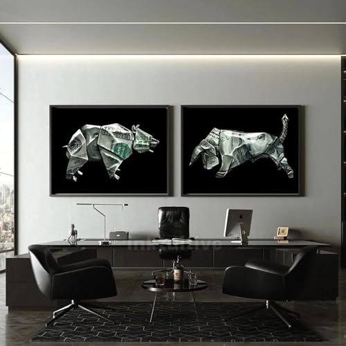 KEMEIQI HD-Druck Wandbilder Nordic Wall Street Art Bull Bear Finance Dollar Poster Leinwand Malerei Büro Wohnkultur 80x120cmx2 Rahmenlos