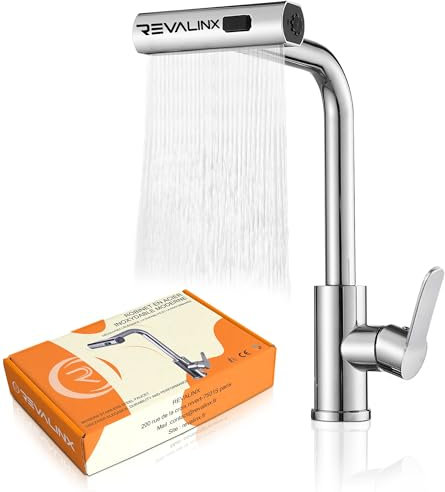 REVALINX Robinet de Cuisine Cascade Rotatif 360° avec Douchette Extractible | 3 Modes | Mitigeur Cuisine avec Douchette Évier Inox Haute Pression | Robinet Cuisine Moderne avec Levier Unique