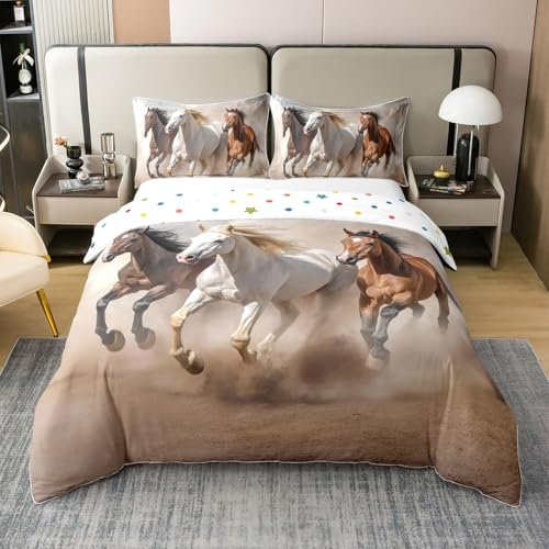 Loussiesd Galoppierendes Pferd 100% Baumwolle Bettwäsche Set 155x220cm Pferd Muster Betten Set Nette Tier Dekor Bettbezug Set Kawaii Farm Cowboy Weich Bettwäsche-Set Atmungsaktiv