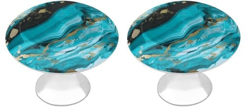 QMNRTK Lot de 2 boutons d'armoire en marbre bleu turquoise et doré, boutons de tiroir, de commode, de cuisine, de salle de bain, d'armoire de salle de bain