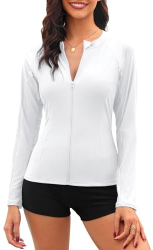 Tuopuda UV Shirt Damen Schwimmshirt Langarm Rash Guard mit Zip UPF 50+ UV Schutz Rashguards Badeshirt Langarmshirts Sportshirt für Wasser Strand Surfen Schwimmen S-XXL, Weiß, M