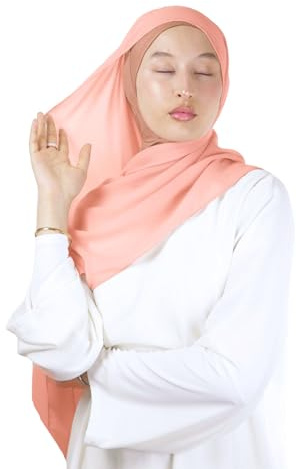 Hijab zum Überziehen mit integrierter Mütze aus Chiffon, für muslimische Frauen, verhüllt, islamischer Schal HE210 (Pfirsich)