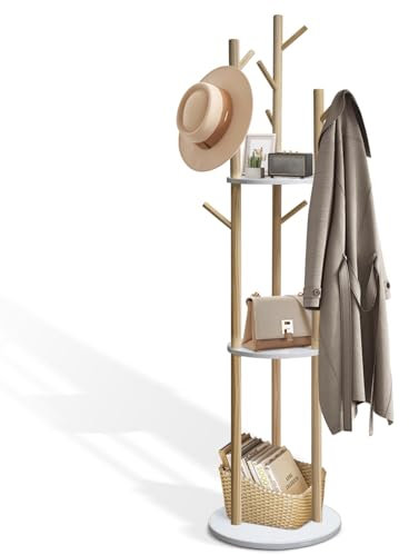 SUNDOY 165CM Wooden Coat Rack Freestanding with 3 Shelves & 9 Hooks, Hall Tree Stand for Entryway, Bedroom, Hallway & Living Room, Coat Stand for Coats, Jackets, Hats