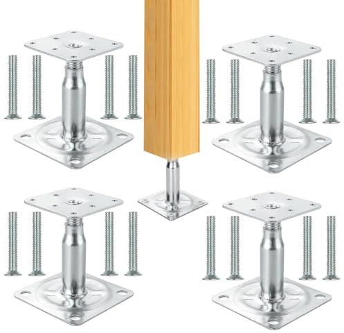 Lot de 4 Pieds de Poteau Réglables 100–150 mm, Support Poteau Bois Galvanisé avec Platine 75 x 75 x 3 mm, Pied Réglable pour Clôture, Pergola 4x4, Abri, Terrasse, Unterregal Hängekorb 38-70 cm
