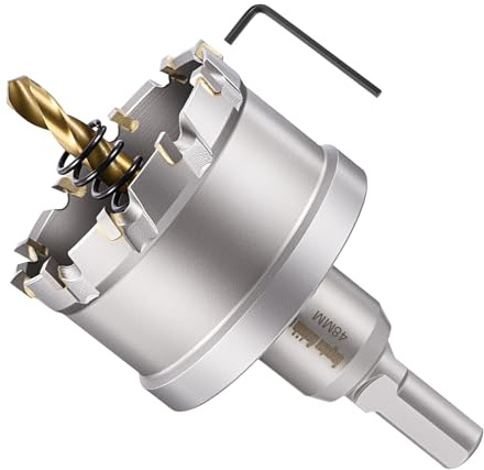 METALLIXITY Kit de scie-cloche 48 mm en carbure de tungstène avec foret central, clé hexagonale et ressort – pour métaux durs, feuilles en acier inoxydable, tubes carrés, fibre de verre, argent