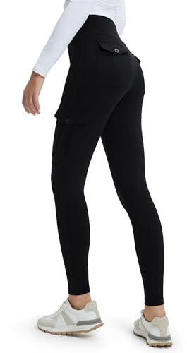 Libin Sport Leggings Damen mit Taschen Fleece Gefütterte Wasserbeständig Cargo Leggins Hohe Taille Warme Thermohose Sportleggins Wanderleggings Sporthose Winterhose, Schwarz S