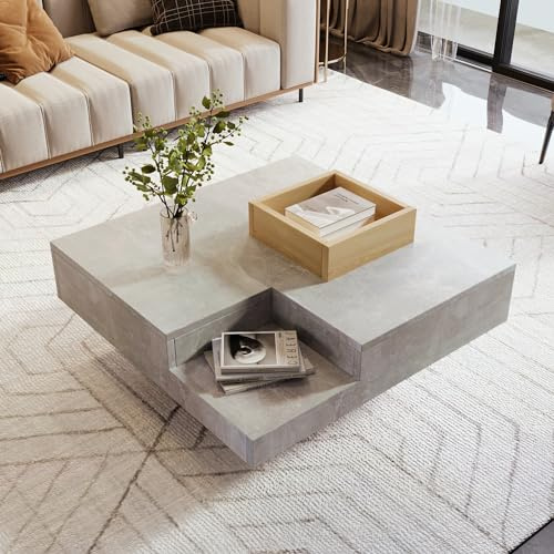 NADEUSAK Tavolino da salotto lucido, con contenitore rimovibile, colore grigio cemento+colore legno 72 x 72 x 30 cm