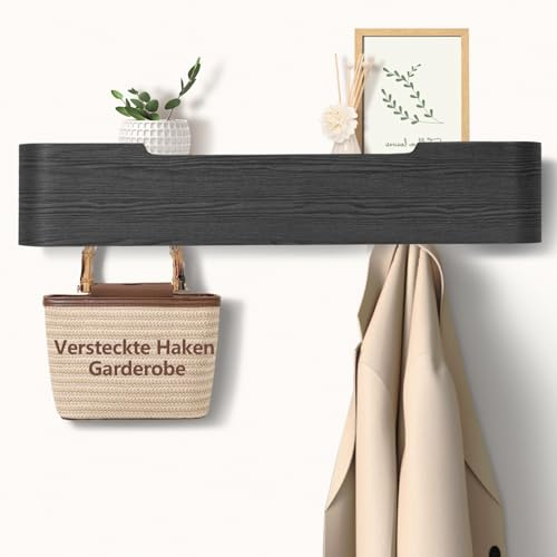 Jadoxy Garderobenleiste | Wandgarderobe mit versteckten Haken | Moderne Garderobe mit versteckten Kleiderhaken und Ablage | Wandgarderobe (Schwarz, 5 Hakens)