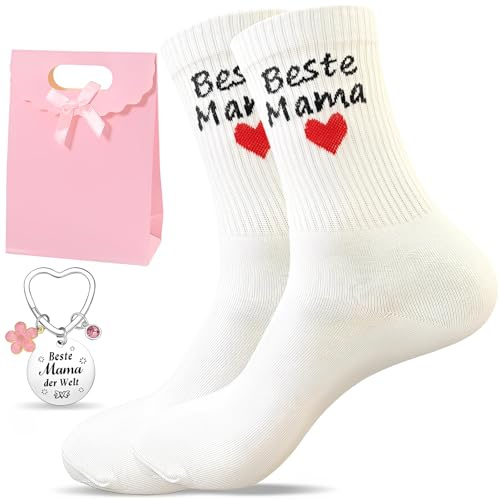 Snyvpra ﻿Beste Mama Geschenk Set - Baumwolle Socken (36-44) & Edelstahl Schlüsselanhänger mit Gravur & Geschenktüte - Muttertagsgeschenke für Mama & Geburtstagsgeschenk für Mama - Geschenk Mama