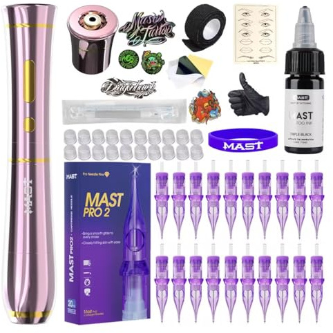 Mast P40 Kabelloses Tattoo Maschinen Set, Rotary Tätowiermaschine | Für Augenbrauen, Lippen & Eyeliner, 20 Stück Cartridges Nadeln, Leichter Schlanker Körper,Rosa
