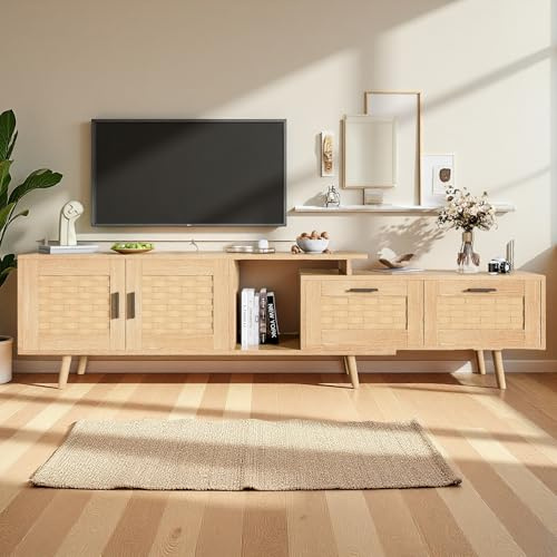 JYNVO – Mueble TV extensible con 2 puertas, 2 cajones y almacenamiento abierto, armario TV 146 – 180 cm, ratán, color roble natural, para televisores hasta 75 pulgadas, para salón, dormitorio (color