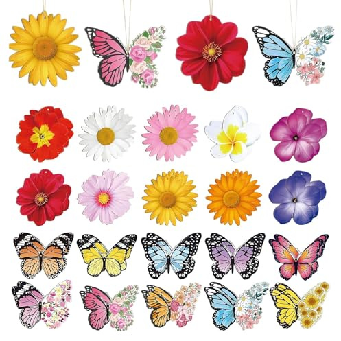 40 Stück Frühlingsdeko zum Aufhängen, Holz Deko Anhänger für Zweige, Frühlingsdeko Innen, Deko Frühling Hängend, Blumen Schmetterlinge Hängedeko Frühling, für Zweige Türen Fenster Decken Gärten Höfen