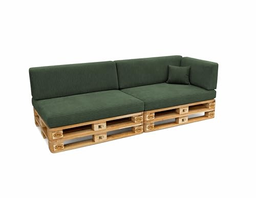 POKAR Palettenkissen 6er Set: 2X Sitzkissen 120x80 + 2X Rückenkissen 120x40 + Seitenkissen + Dekokissen | Palettenauflagen für Palettensofa Cordstoff mit Abnehmbarem Bezug | Made in EU | Flaschengrün
