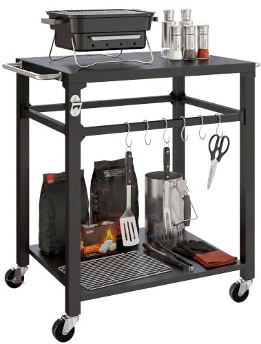 Outsunny Grillvagn 2-våningar grillbord med metallyta, krok, handtag, hjul mobil serveringsvagn utomhus sidobord grillvagn för BBQ 90,5 x 55 x 88 cm svart