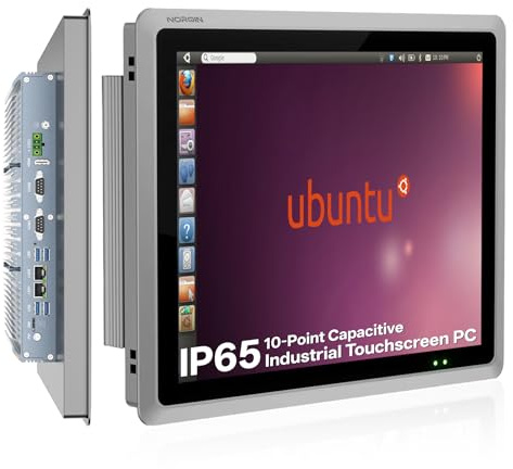 NORQIN 19 Panel PC Industriale,Ubuntu 22.04 LTS,All-in-One Fanless PC | Embedded Touchscreen Capacitivo IP65,6 COM,2 RJ45,HDMI,Computer per HMI e linee di produzione (i7-7500U,8GB RAM,256GB SSD)