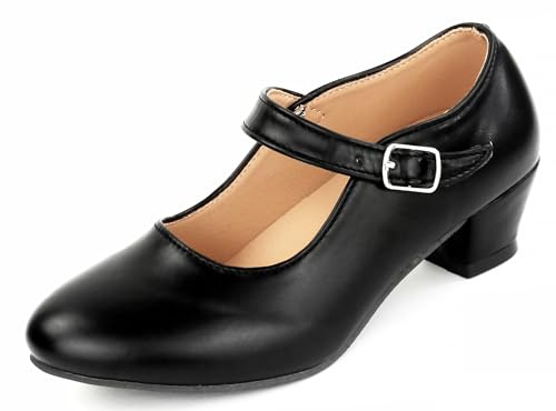 Chaussures de Danse sévillanes avec Talon, Sangle réglable, Semelle antidérapante pour Fille (Noir Mat, Système Taille Chaussures EU, Enfant de 2 à 5 Ans, Numérique, Moyen, 33)