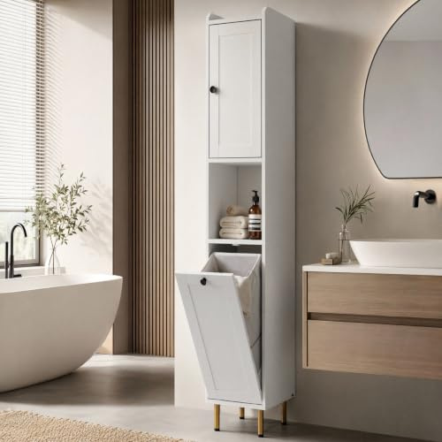 Clevich Mobiletto da Bagno Stretto, 181 cm, Mobile Compatto con sacco portabiancheria in tessuto rimovibile, Ripiani Regolabili e dispositivo antiribaltamento, 30 x 30 x 181 cm, bianco, 1pc
