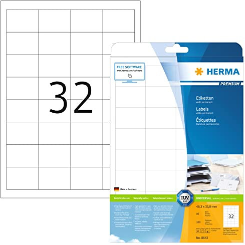 HERMA 8643 Universal Etiketten, 10 Blatt, 48,3 x 33,8 mm, 32 pro A4 Bogen, 320 Stück, selbstklebend, bedruckbar, matt, blanko Papier Klebeetiketten Aufkleber, weiß