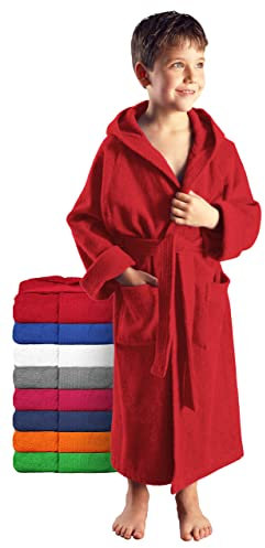 Arus Kinder-Bademantel mit Kapuze für Jungen und Mädchen, 100% Baumwolle Frottee, lang, Rot, 176