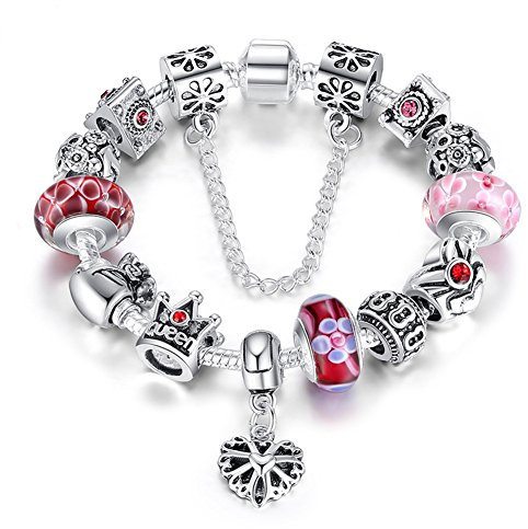 A TE® Bracciale Charms Fiore Vetro Catena Sicurezza Regalo 18cm/20cm#JW-B110 (Rosa-18cm)