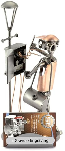 Steelman24 Schraubenmännchen Elektriker mit Blitz mit Kartenhalter & Gravur | Made in Germany,Handarbeit,Geschenkidee,Stahlfigur,Metallfigur