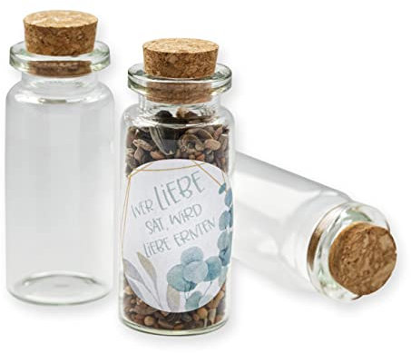 Schokoladenseite 40 Stk Glasflaschen Eukalyptus 19050530, kleine Fläschchen mit Korken und Aufkleber für Blumensamen, Gastgeschenk für Hochzeit, Taufe, Geburtstag