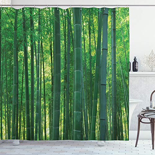 ABAKUHAUS asiatisch Duschvorhang, Jadegrüner Wilde Exotische Bambus, Stoffliches Gewebe Badezimmerdekorationsset mit Haken, 175 x 220 cm, Jadegrün