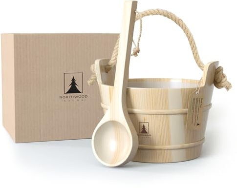 Northwood Sauna Bucket and Ladle Set - Handmade from Finnish Pine Wood - Plastic Liner and Rope Handle