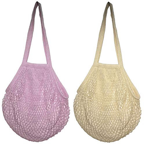 Rmeet Einkaufsnetz,2er Pack Wiederverwendbare Netzschnur Einkaufstasche Große Netztasche mit Langem Tragegriff Baumwoll Netzbeutel für Obst Gemüse Lila und Weiß