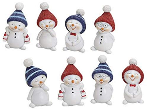 8er-Set Deko-Figuren - süße Schneemänner mit lustigen Mützen aus Poly 8-Fach Sortiert - Weihnachtsdeko Winterdeko (Weiss-rot-blau) B2,5 x T2 x H5 cm