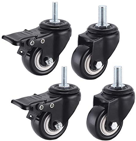 4 Pezzi Ruota Girevole con Perno Filettato,Ruote in poliuretano,Ruote pesanti ruote trolley e mobili (2 Con freno & 2 Nessun freno) Viti M8/M10,Per carrelli mobili/mensole,1.5 pollice(M8)