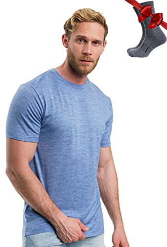 Premium Merino Shirt Herren Kurzarm - Thermooberteile 100% Merino Unterwäsche Herren + Wanderwollsocken (Deep Blue, Medium)