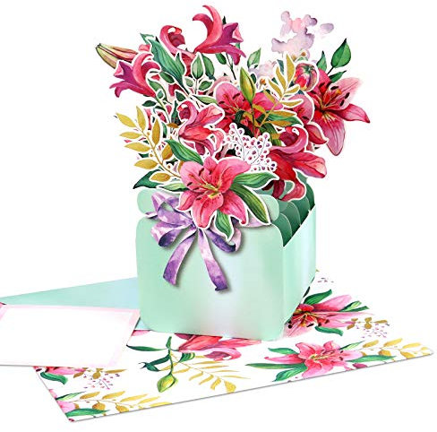 Giiffu Carte pop-up 3D en forme de bouquet de lys rose, carte de remerciement, carte de bon rétablissement, fleurs 3D, carte pop-up en papier, carte de Thanksgiving, carte pop-up fleur de lys
