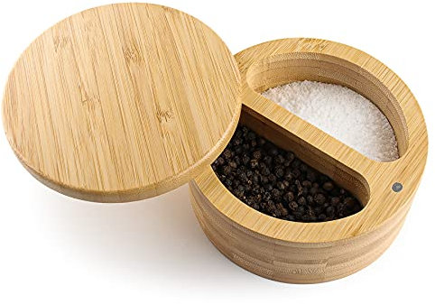 Caja de sal de bambú con tapa magnética para un almacenamiento seguro y salero de bambú con dos compartimentos (grande)