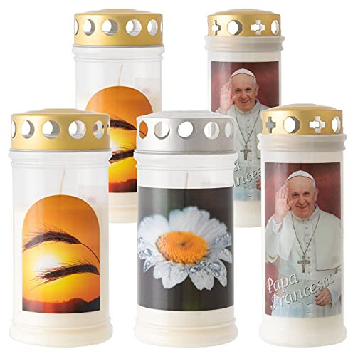 5er Set Grabkerzen Motivlicht „Ähre, Margerite, Papst transparent weiß Größe 7,5x17 cm Brenndauer ca. 96 Stunden