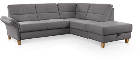 CAVADORE Schlafsofa Wyk mit Federkern / Eckcouch im Landhaus-Stil mit Ottomane, Bett, Stauraum + Armteilfunktion / 238 x 90 x 213 / Jacquard, Grau