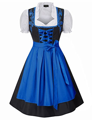SCARLET DARKNESS Damen Trachtenkleid 3tlg Kleid, Bluse, Schürze Damen Knielang Dirndl Kleid für Oktoberfest Trachtenkleid S Schwarz und Königsblau#2116