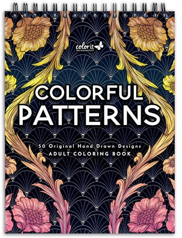 ColorIt Malbuch für Erwachsene, Spiralbindung, buntes Muster, 50 originelle Designs mit perforierten Seiten, flach liegend, fester Bucheinband, Tintenlöschpapier, für Kunst und Handwerk, Malbücher für