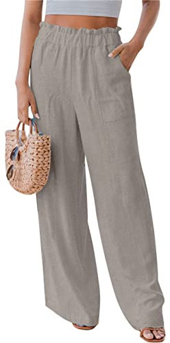 Pantalones de Mujer con Cordón de Pierna Ancha Palazzo Lounge Pantalones Sueltos Casuales de Color Puro Pantalones Elásticos con Volante en la Cintura con Bolsillo(M-Caqui)