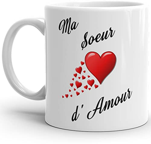 Kalféa Mug soeur d'amour je t'aime tasse demi-soeur haute Qualité avec coeurs Idée Cadeau Originale Famille frangine anniversaire noel fete réalisé en France