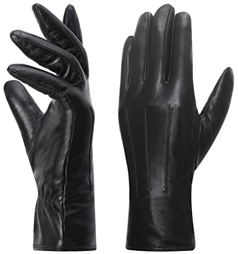 Harssidanzar Lederhandschuhe für Damen,Winter Warm Fleecefutter Touchscreen Vintage Finished GL018EU,Schwarz,Größe XS