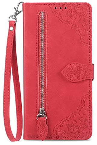 NEXCURIO Zip Wallet Case Compatible with Apple iPhone 12 / iPhone 12 Pro Phone Case Wallet with Credit Card Holder Strap Stand Women Leather Flip Case Floral Folding Cover Shockproof - Red