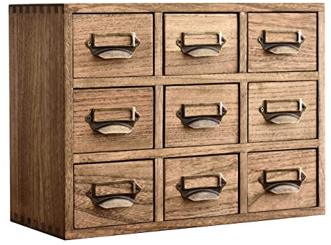 KIRIGEN Wood Storage Drawer Units Desktop Organiser Chest of Drawers Medicine Cabinet 9 Mini Drawers with Metal Handles for Coffee Tea and Jewelry Dark Brown (9CG-DBR)