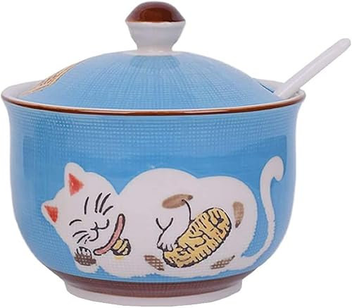 GImLY Ceramics Japanese Lucky Cat Sugar Bowl Salt Storage Jar with Lid And Spoon
