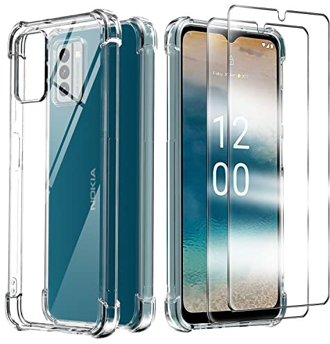 Cover Compatibile per Nokia G22 con 2 Pellicola Vetro Temperato, Morbido Silicone ed Antiurto Protettivo Bumper TPU Gel Smartphone Custodia Case - Trasparente