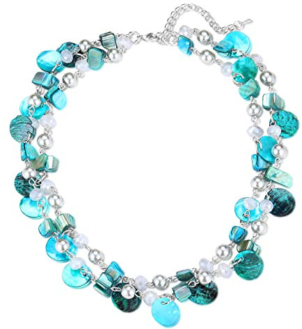 FULU AUTUMN Kristall Perlenkette Boho Muschelkette Damen Statement Bunte Mehrreihige Halskette Modeschmuck Geschenke für Fraue(Turquoise)